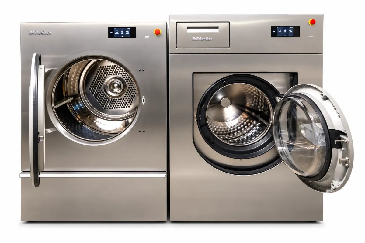 Machine à laver professionnelle Miele et sèche-linge professionnel, portes ouvertes