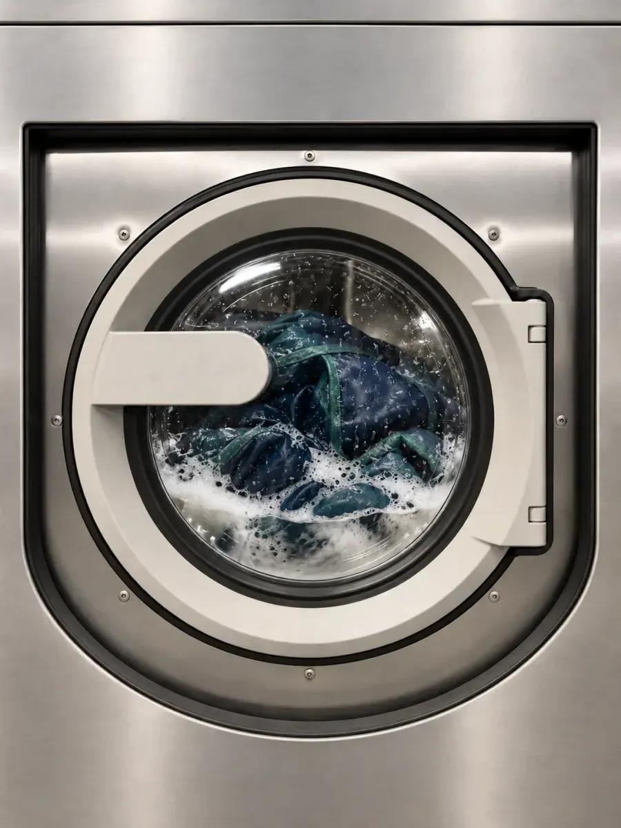Hublot de la machine à laver professionnelle : couvertures de cheval en plein lavage, dans l’eau et la mousse